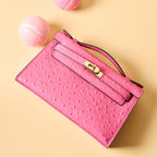 Women’s Ostrich Embossed Full-Grain Leather Turn Lock Top Handle Bag with Crossbody Shoulder Strap