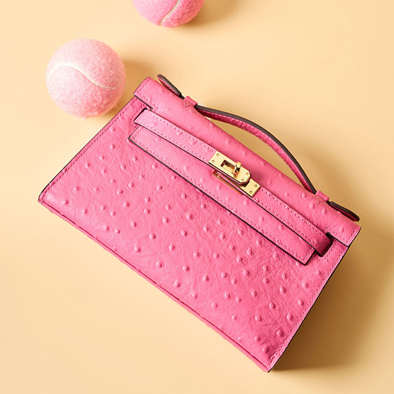Women’s Ostrich Embossed Full-Grain Leather Turn Lock Top Handle Bag with Crossbody Shoulder Strap
