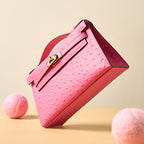 Women’s Ostrich Embossed Full-Grain Leather Turn Lock Top Handle Bag with Crossbody Shoulder Strap