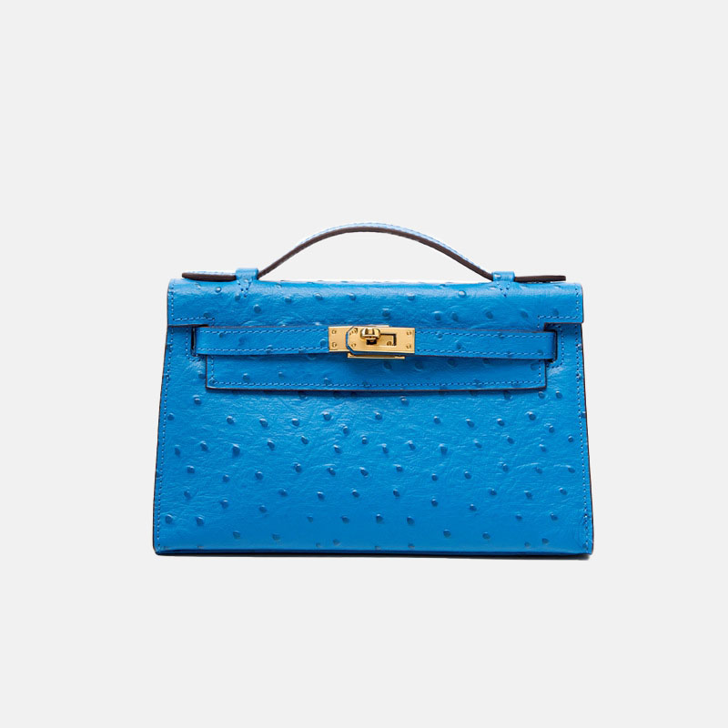 Women’s Ostrich Embossed Full-Grain Leather Turn Lock Top Handle Bag with Crossbody Shoulder Strap