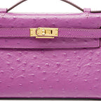 Women’s Ostrich Embossed Full-Grain Leather Turn Lock Top Handle Bag with Crossbody Shoulder Strap