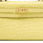 Women’s Ostrich Embossed Full-Grain Leather Turn Lock Top Handle Bag with Crossbody Shoulder Strap