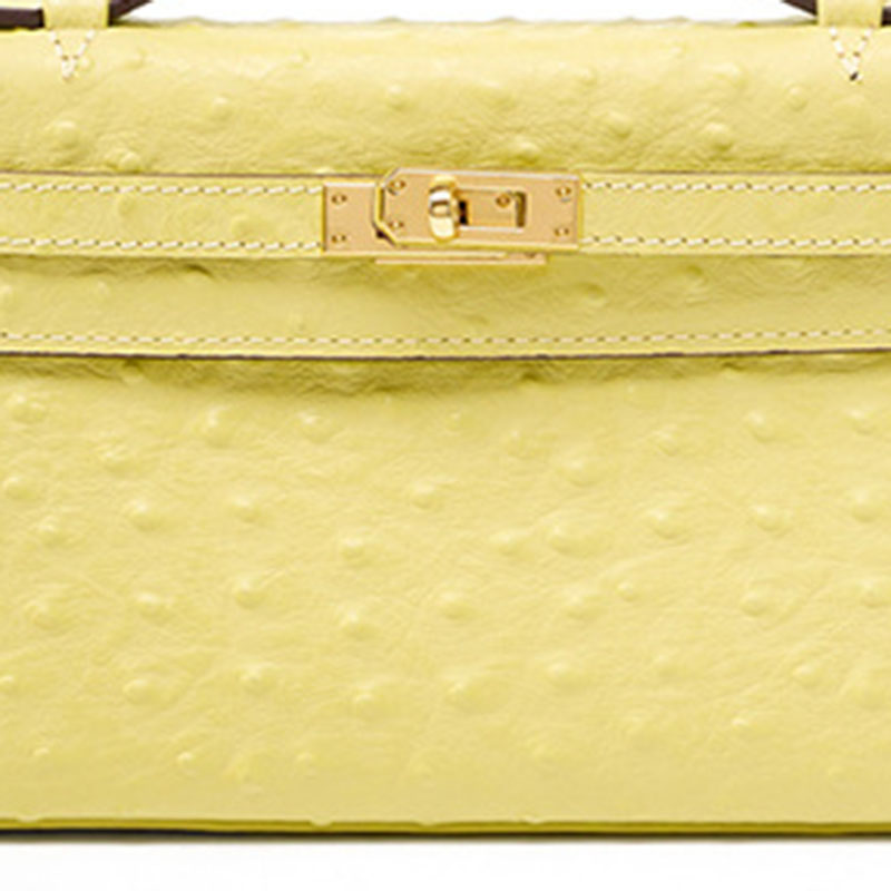 Women’s Ostrich Embossed Full-Grain Leather Turn Lock Top Handle Bag with Crossbody Shoulder Strap