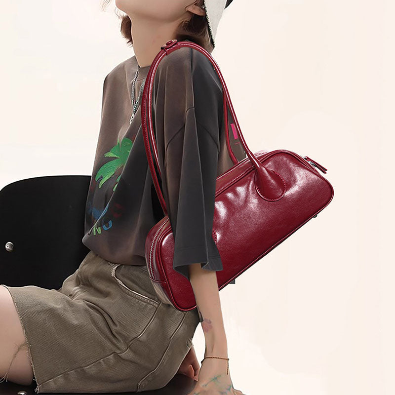Women’s Genuine Leather Zipper Shoulder Baguette Bag In Vintage