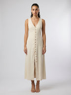 Adeline Linen V Neck Button Front Maxi Dress in Cream