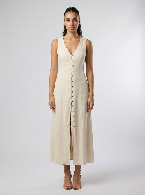 Adeline Linen V Neck Button Front Maxi Dress in Cream