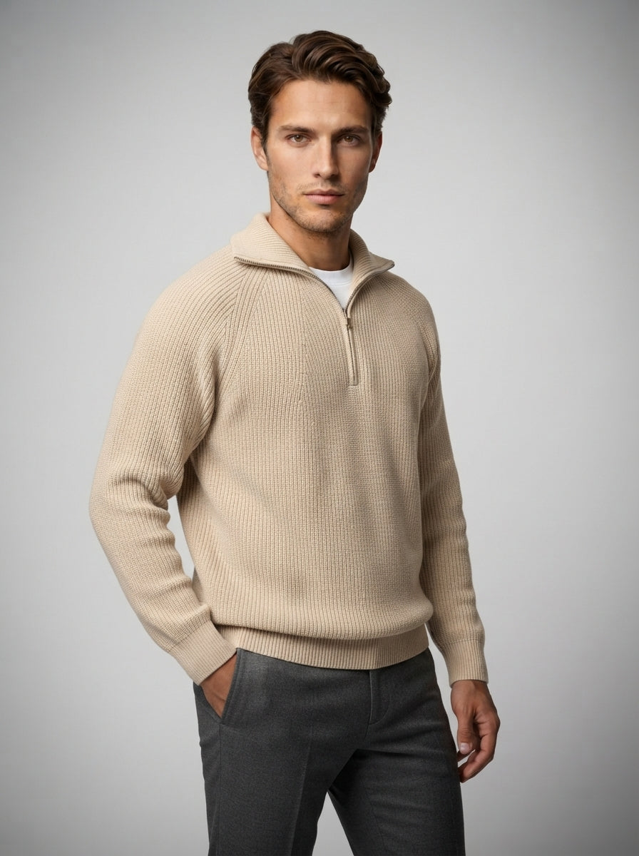 The Strathmore Zip Collar Knit in Beige