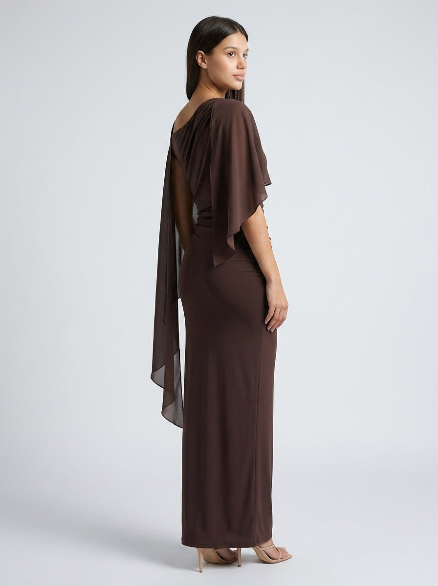 Ondine Chiffon Boat Neck Cape Sleeve Ruched Wedding Guest Maxi Dress in Brown