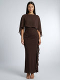 Ondine Chiffon Boat Neck Cape Sleeve Ruched Wedding Guest Maxi Dress in Brown