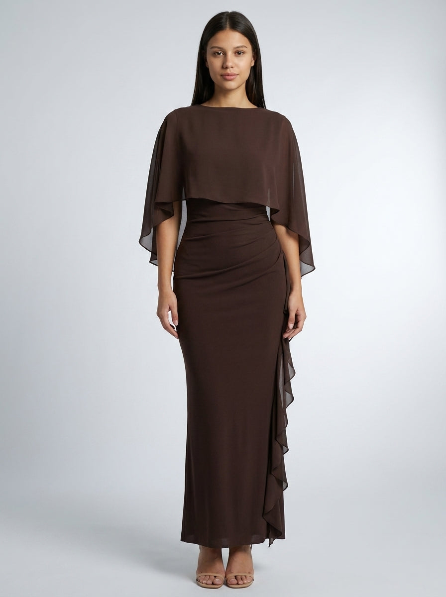 Ondine Chiffon Boat Neck Cape Sleeve Ruched Wedding Guest Maxi Dress in Brown