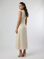 Adeline Linen V Neck Button Front Maxi Dress in Cream