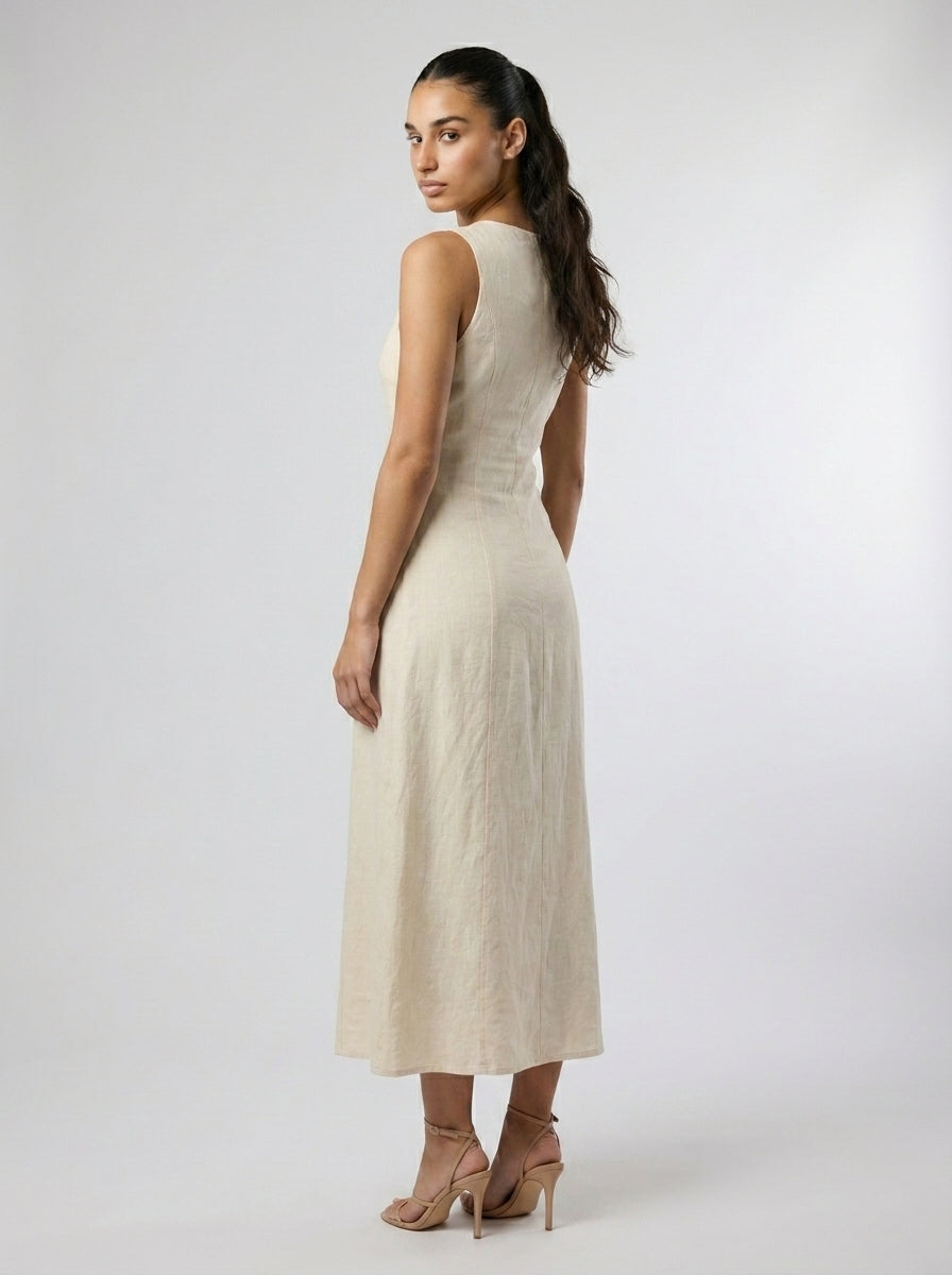 Adeline Linen V Neck Button Front Maxi Dress in Cream