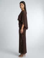Ondine Chiffon Boat Neck Cape Sleeve Ruched Wedding Guest Maxi Dress in Brown