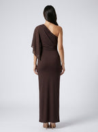 Ondine Chiffon Boat Neck Cape Sleeve Ruched Wedding Guest Maxi Dress in Brown