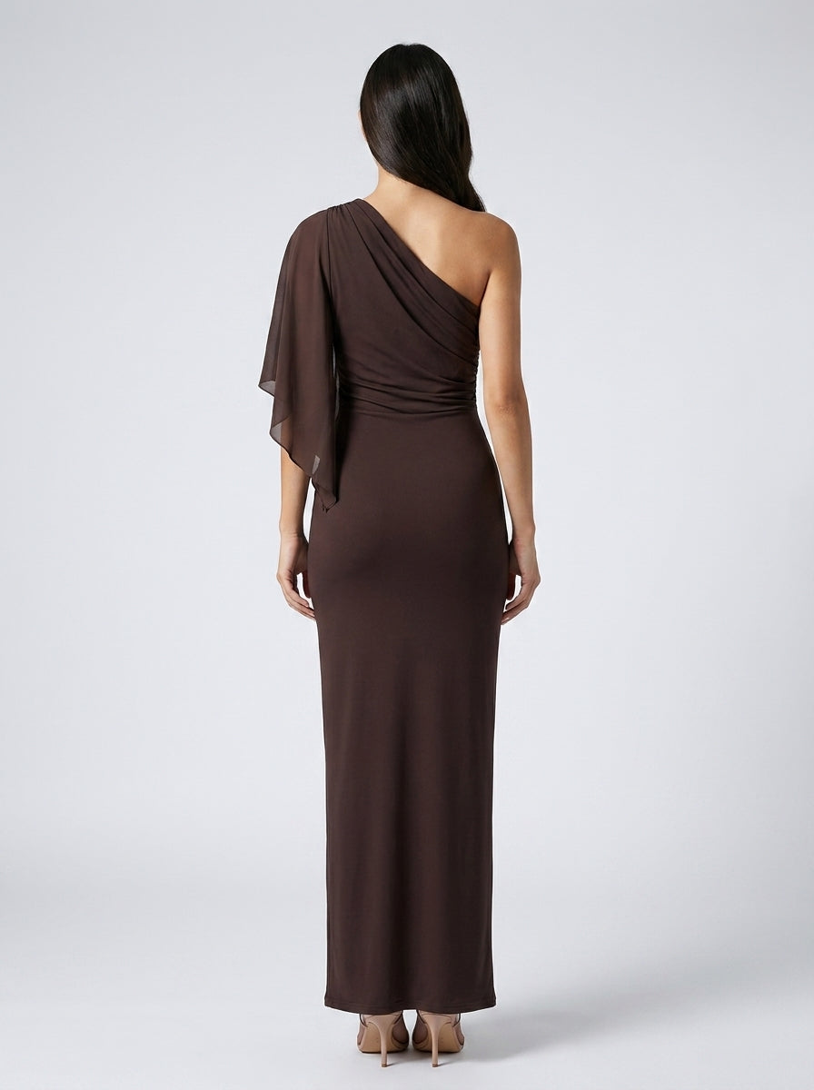 Ondine Chiffon Boat Neck Cape Sleeve Ruched Wedding Guest Maxi Dress in Brown