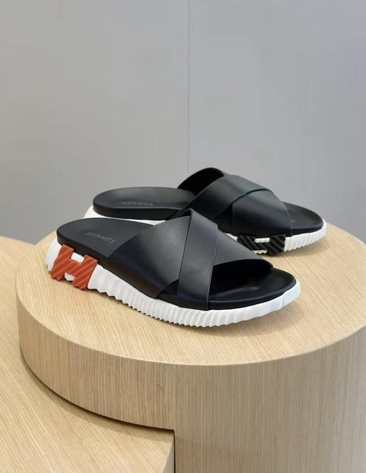 Chypre Sandals in black, white and orange