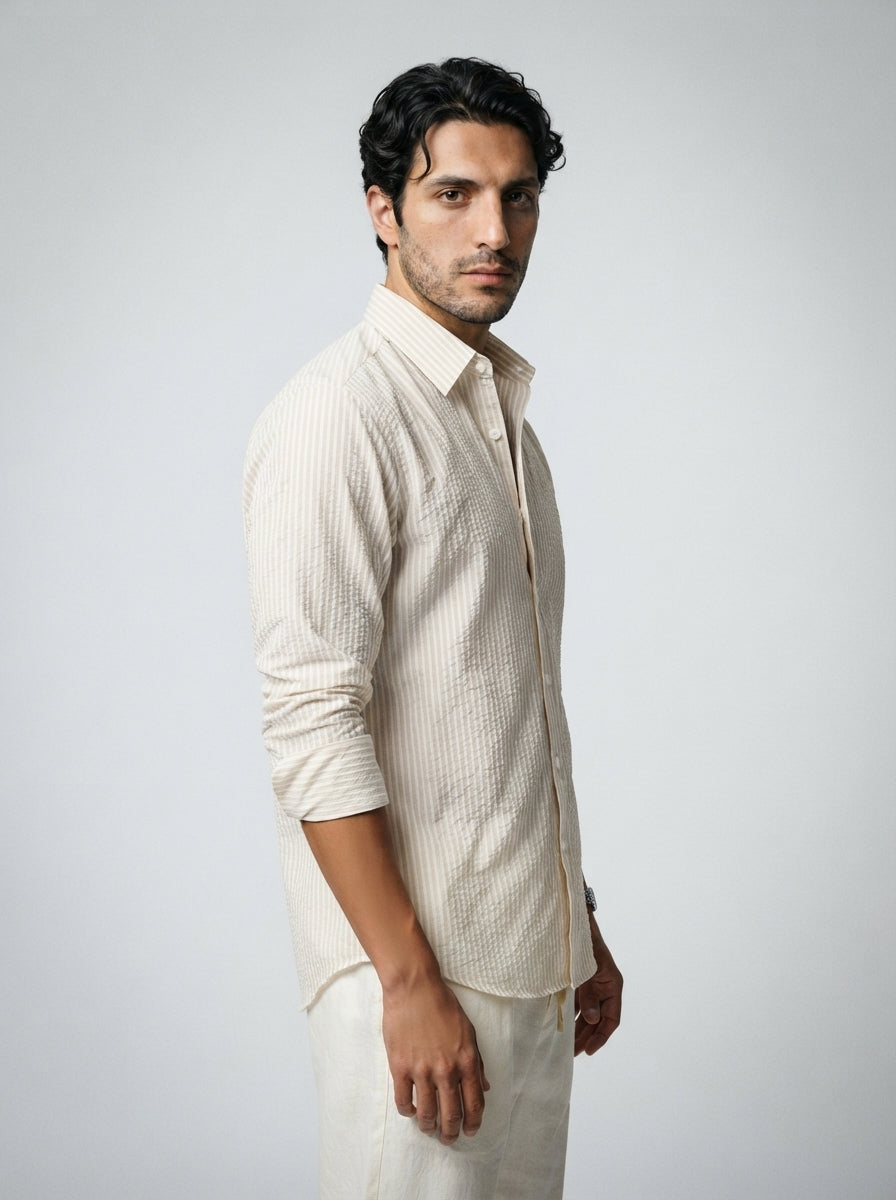 The Camberley Seersucker Shirt in Beige