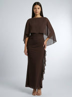 Ondine Chiffon Boat Neck Cape Sleeve Ruched Wedding Guest Maxi Dress in Brown
