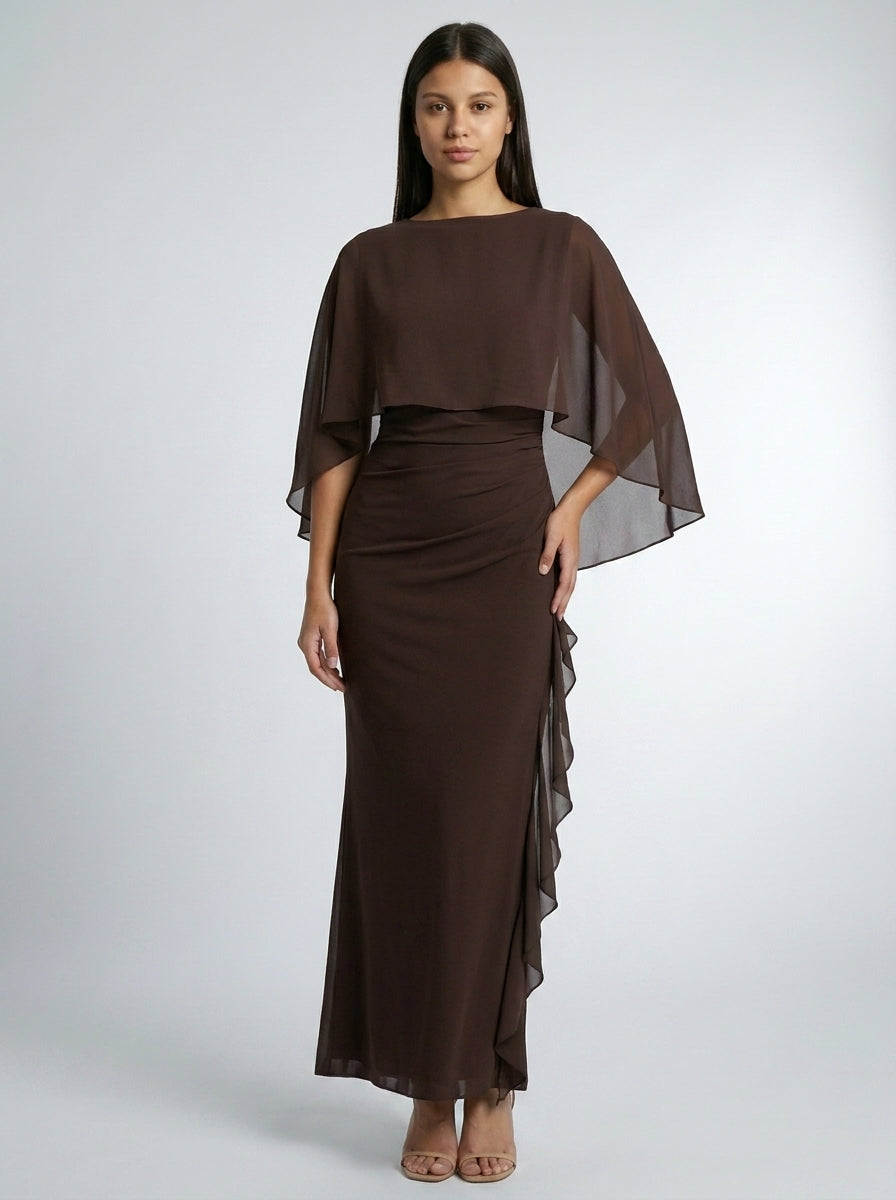 Ondine Chiffon Boat Neck Cape Sleeve Ruched Wedding Guest Maxi Dress in Brown