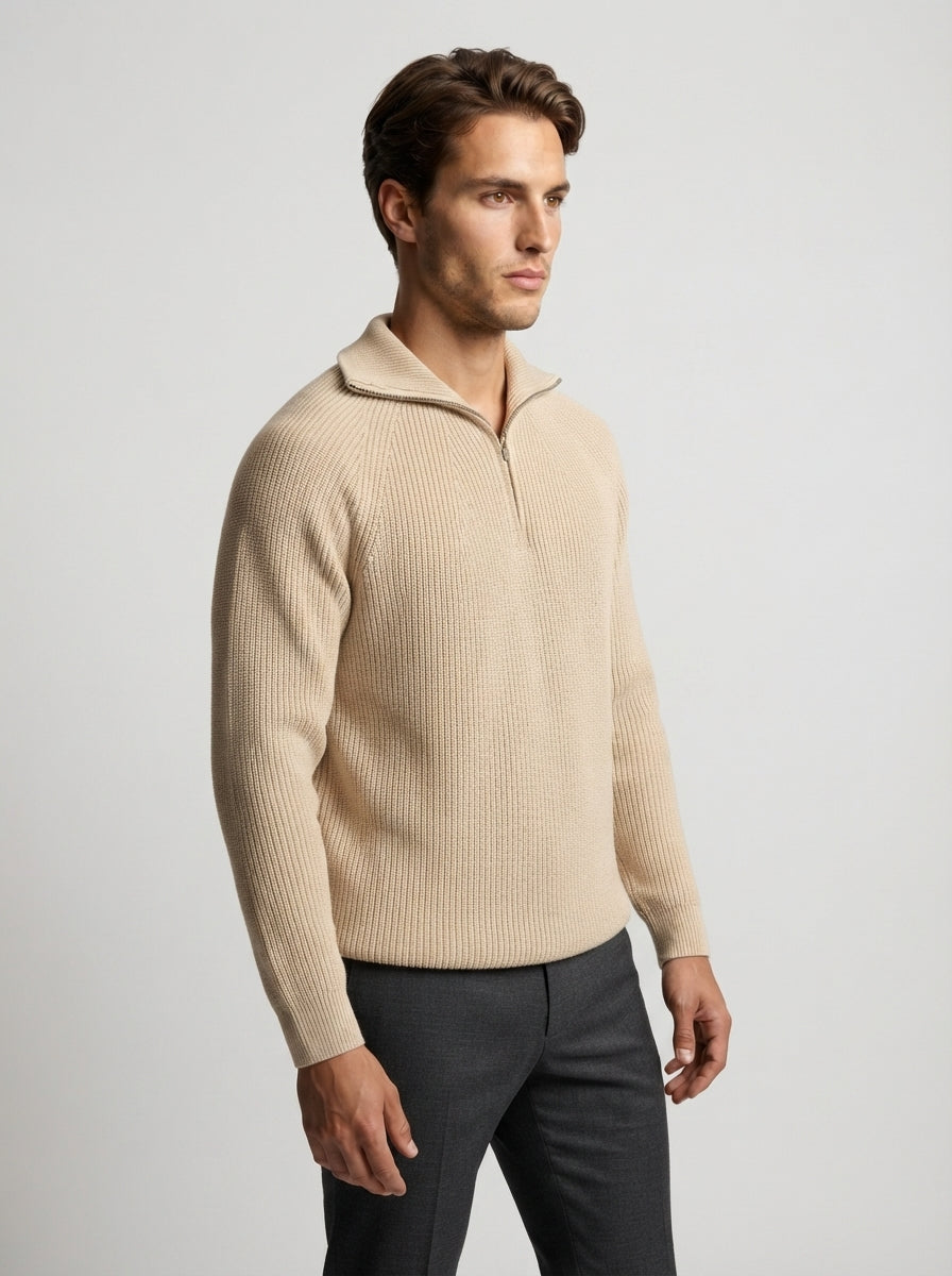 The Strathmore Zip Collar Knit in Beige