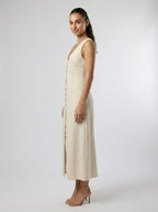 Adeline Linen V Neck Button Front Maxi Dress in Cream