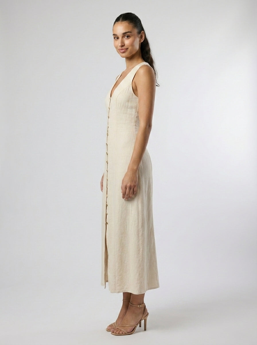 Adeline Linen V Neck Button Front Maxi Dress in Cream