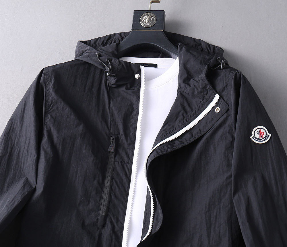 Hooded Lightweight Windbreaker in black and taupe