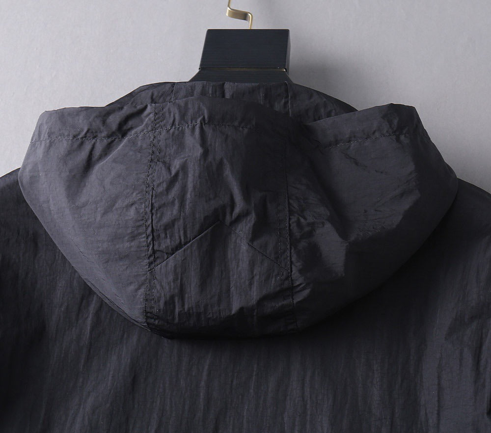 Hooded Lightweight Windbreaker in black and taupe