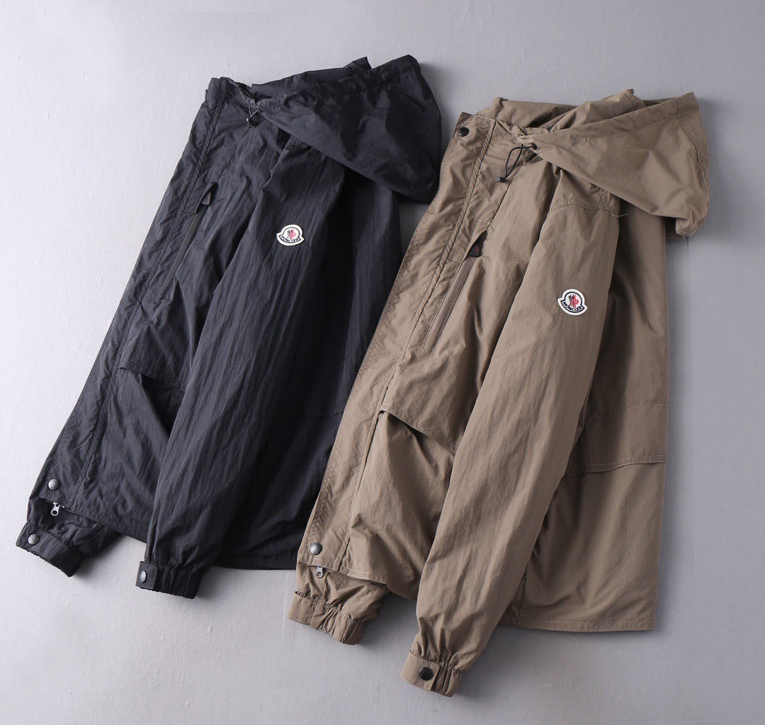 Hooded Lightweight Windbreaker in black and taupe