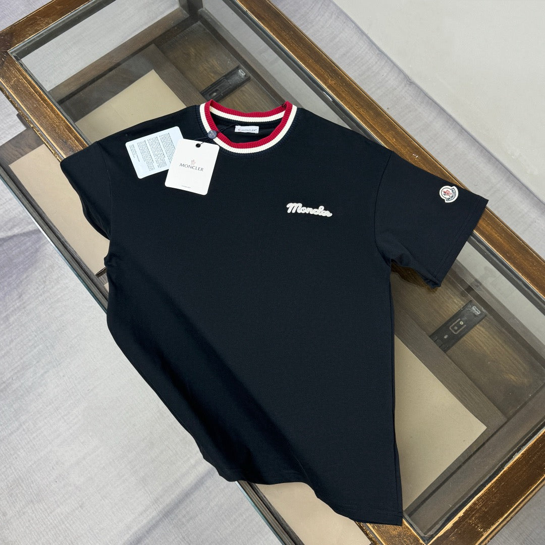 Striped Collar Script T-Shirt in navy, red and white