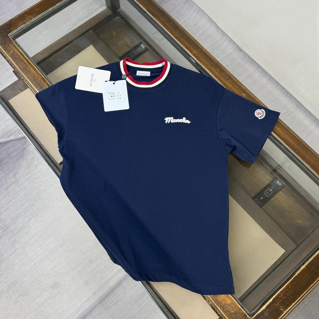 Striped Collar Script T-Shirt in navy, red and white