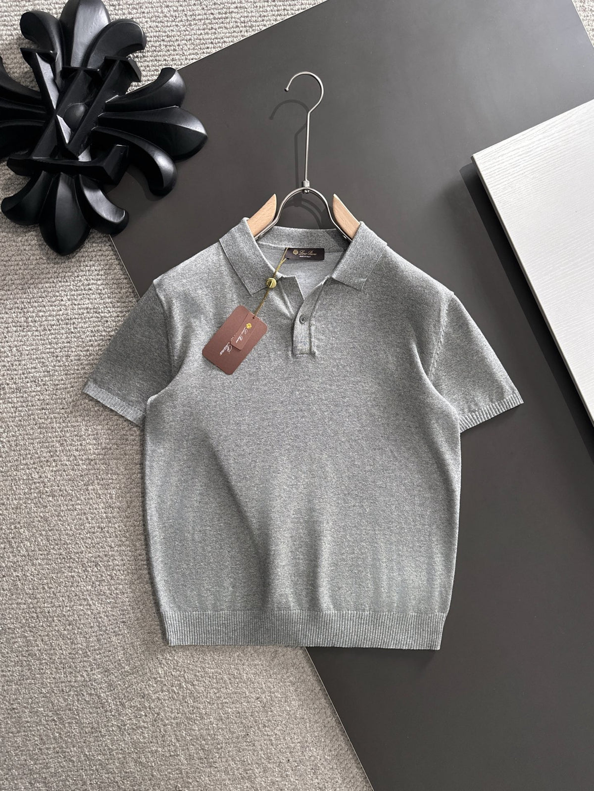 Open Collar Knit Polo in taupe brown