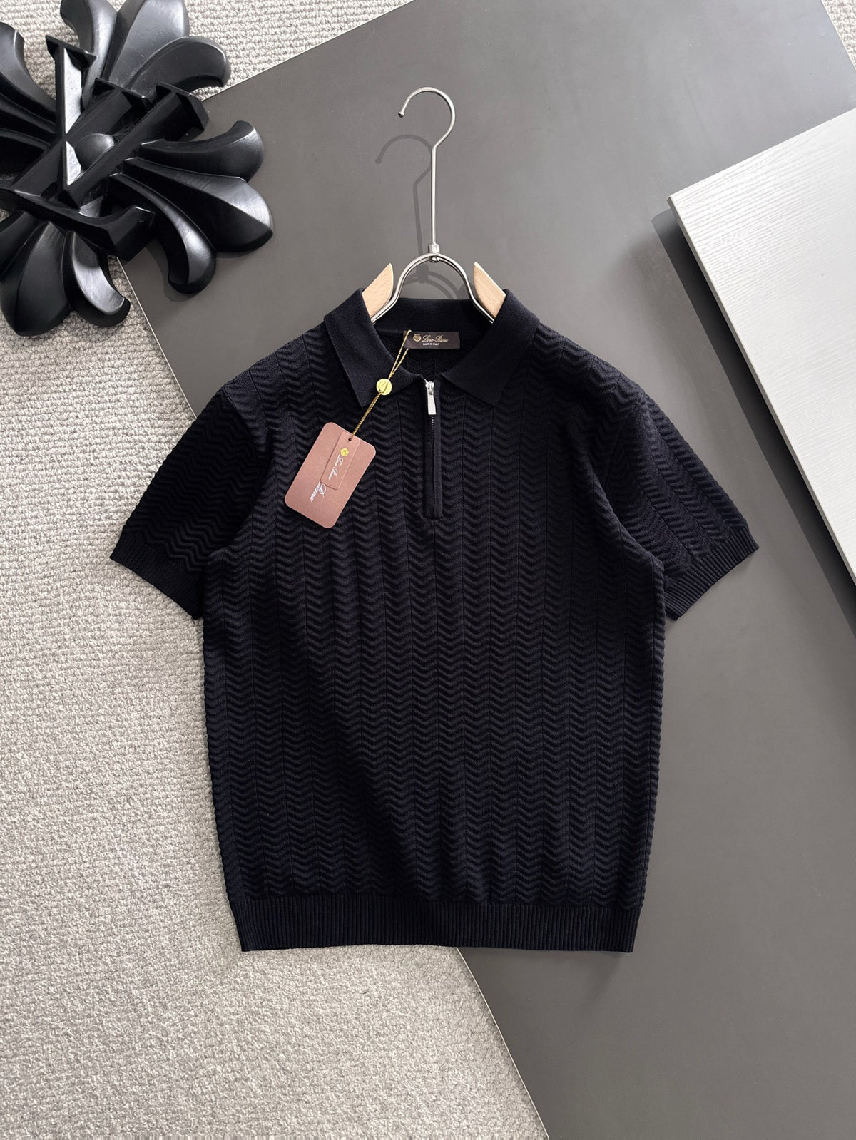 Chevron Jacquard Half-Zip Polo in dark brown