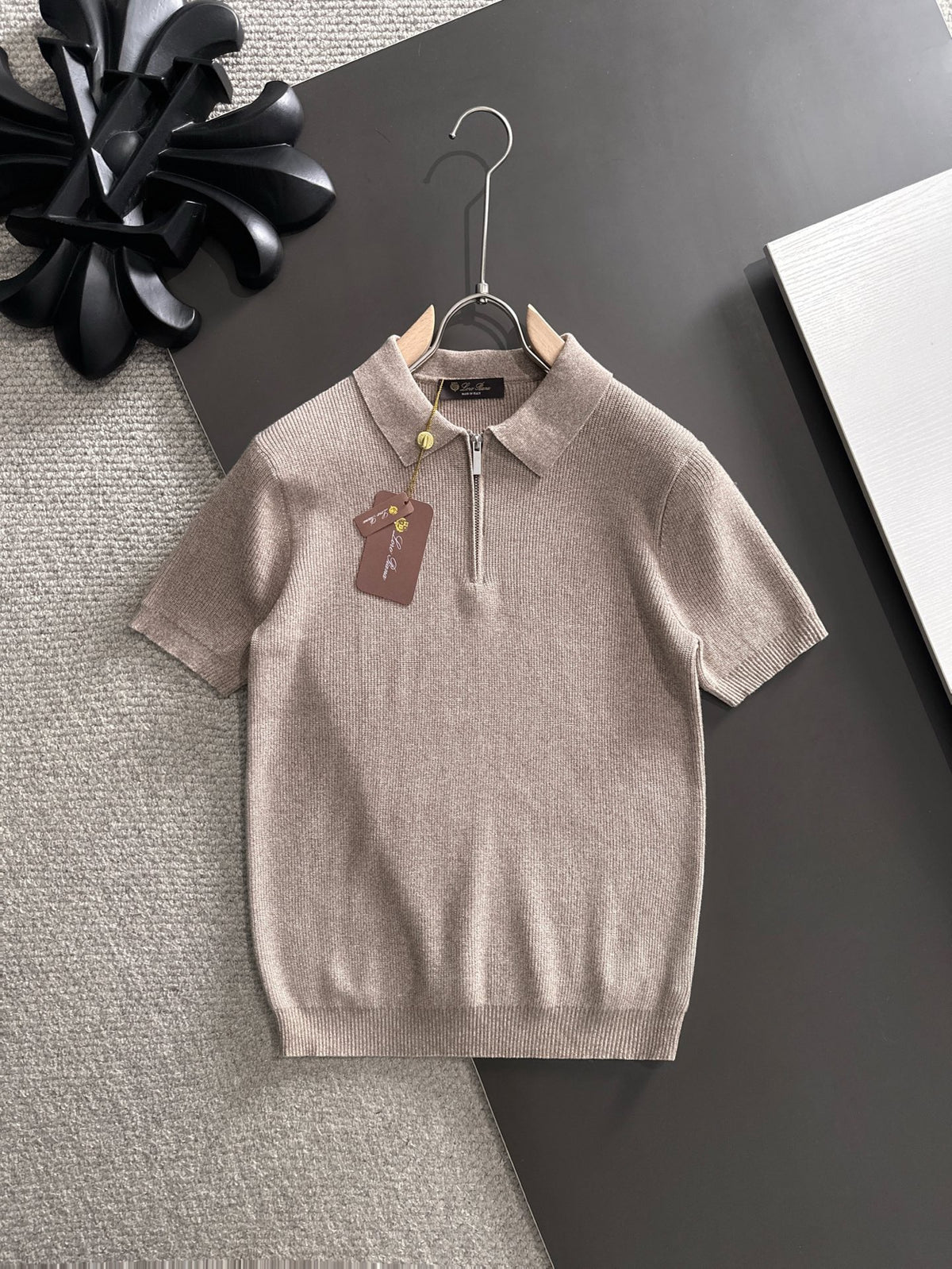 Chevron Jacquard Half-Zip Polo in warm brown