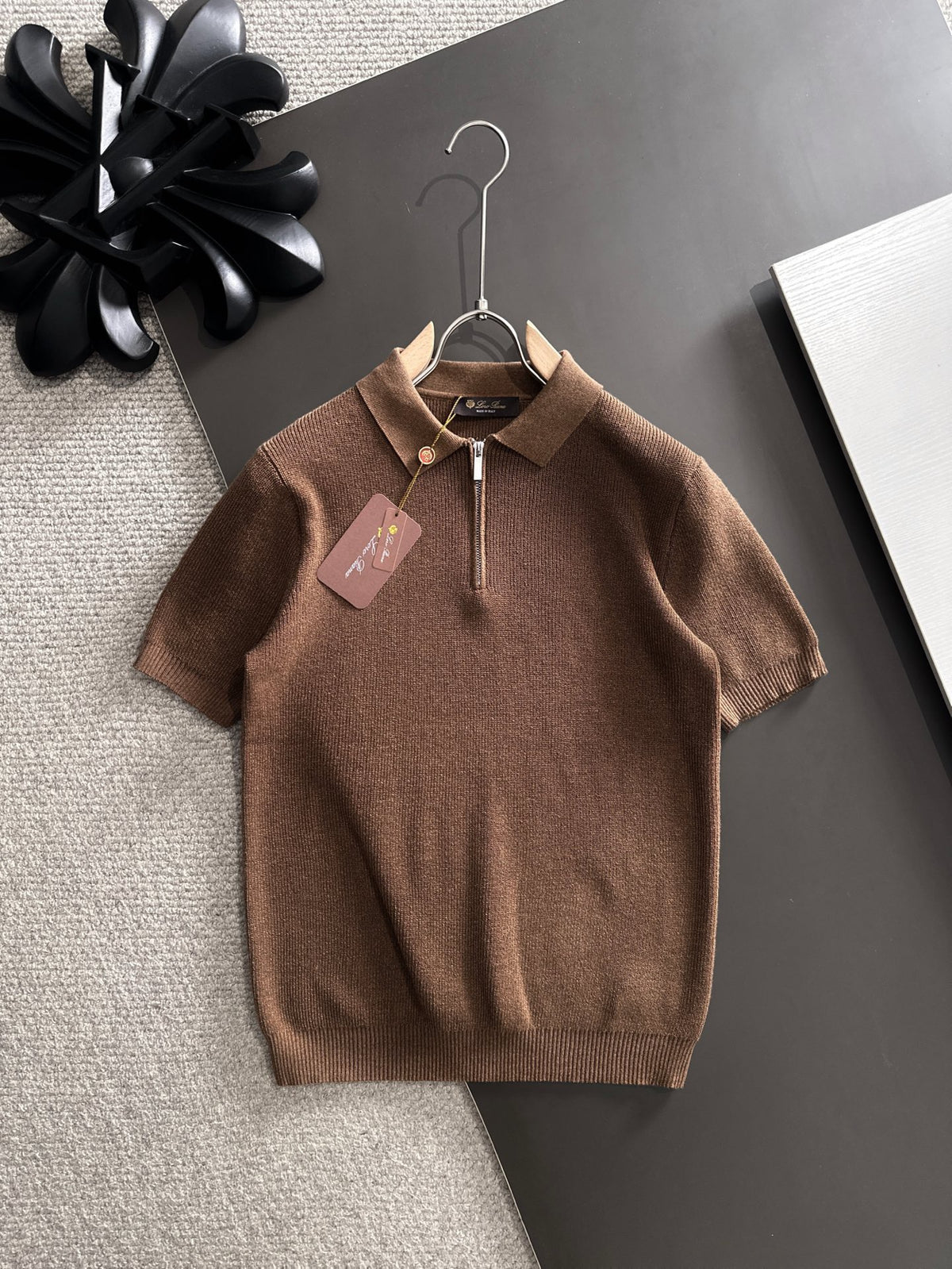 Chevron Jacquard Half-Zip Polo in warm brown