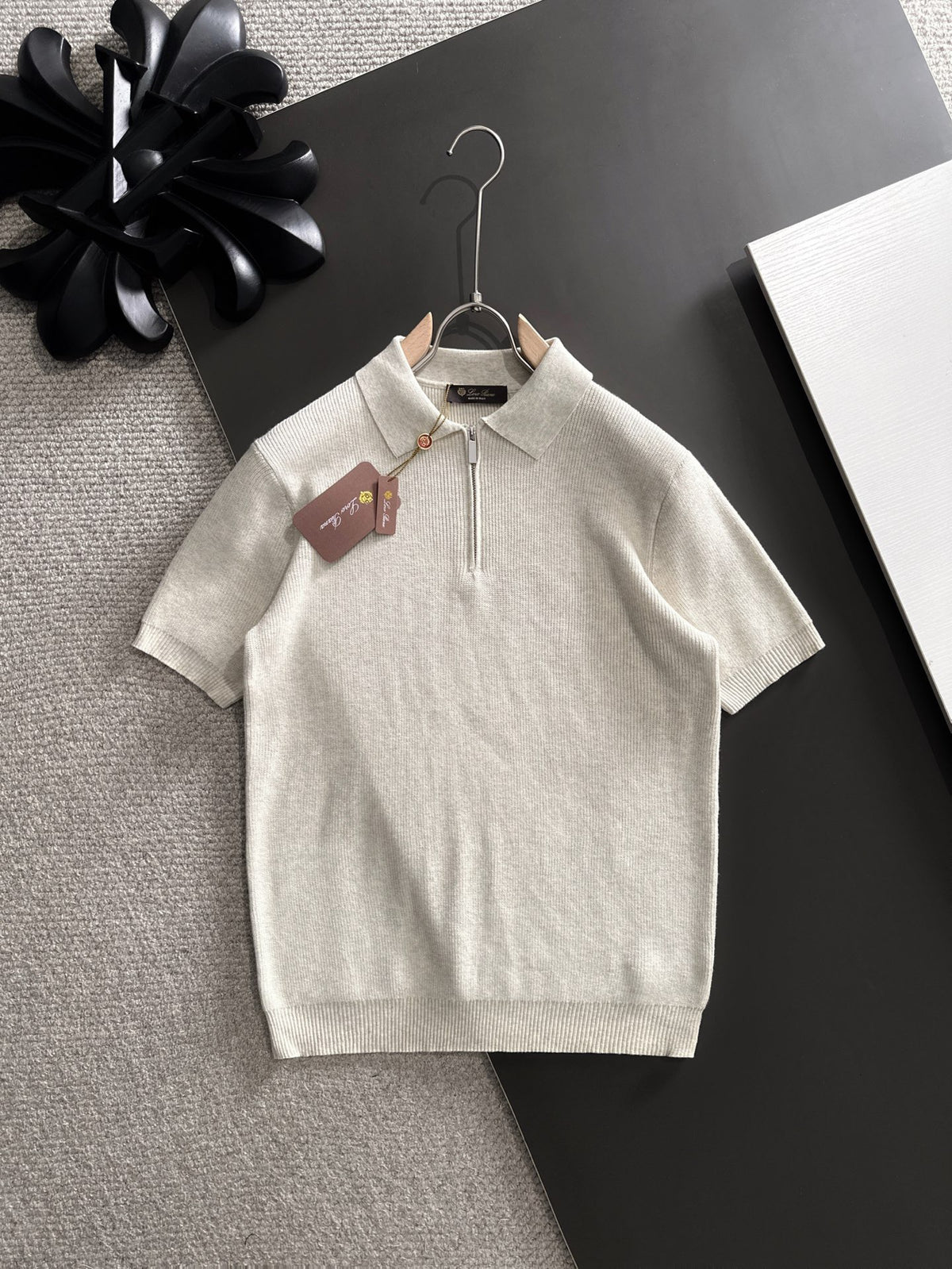 Chevron Jacquard Half-Zip Polo in warm brown