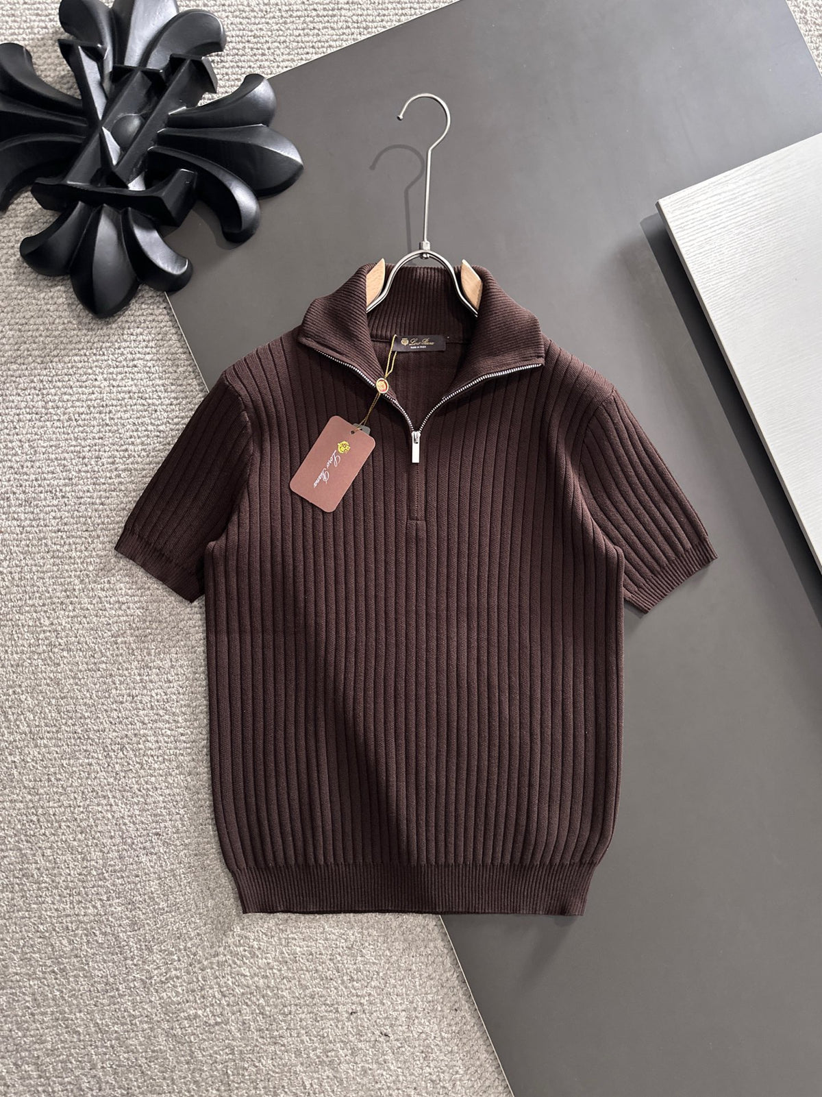 Ribbed Half-Zip Knit Polo in white