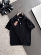 Ribbed Half-Zip Knit Polo in white