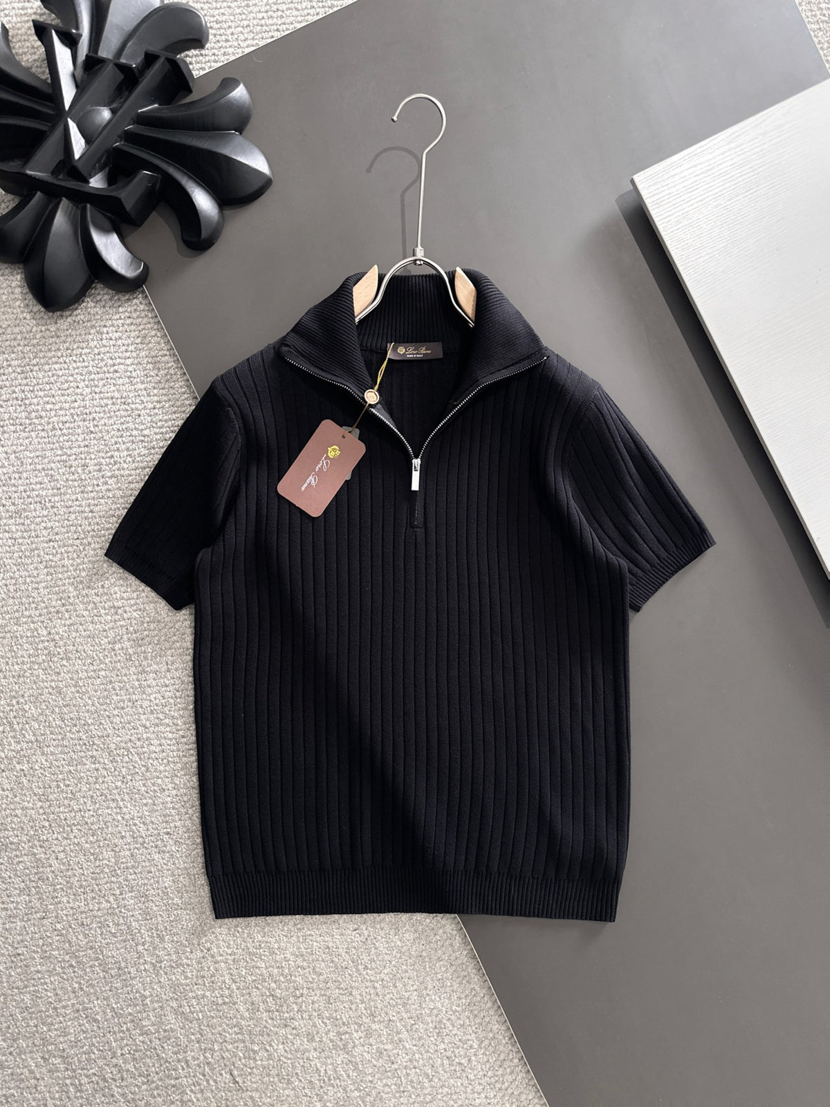 Ribbed Half-Zip Knit Polo in white
