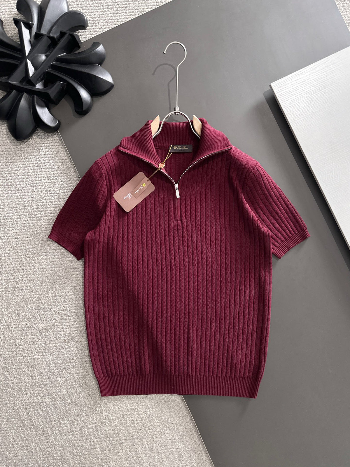 Ribbed Half-Zip Knit Polo in white