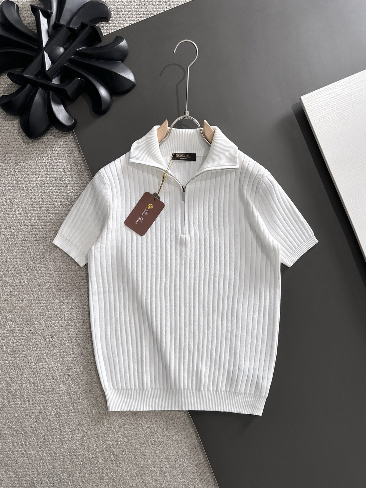 Ribbed Half-Zip Knit Polo in white
