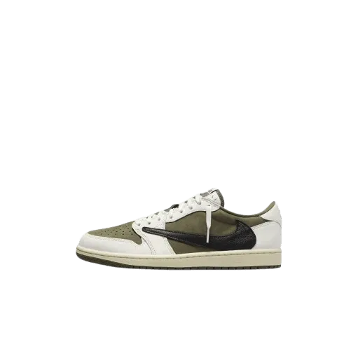 Air Jordan 1 Low Retro Travis Scott Olive in olive green, black and white