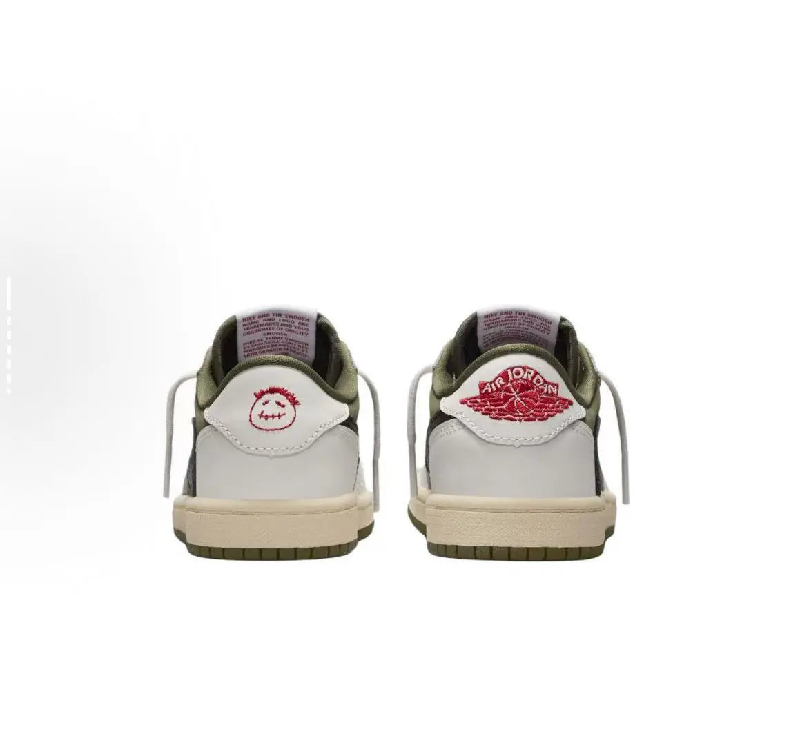 Air Jordan 1 Low Retro Travis Scott Olive in olive green, black and white