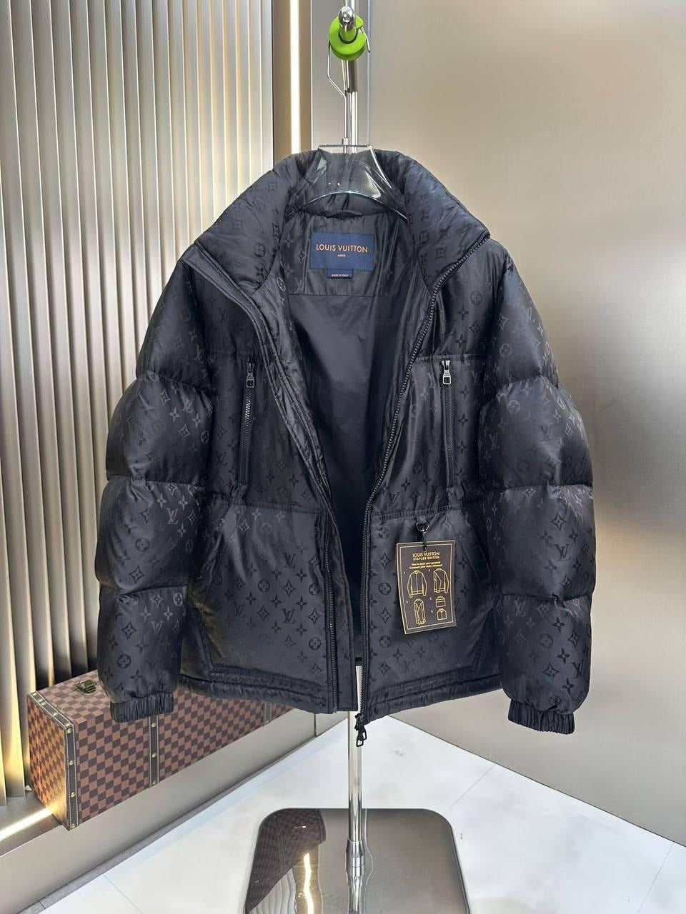Monogram Stand Collar Puffer Jacket in black