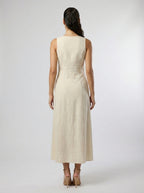 Adeline Linen V Neck Button Front Maxi Dress in Cream