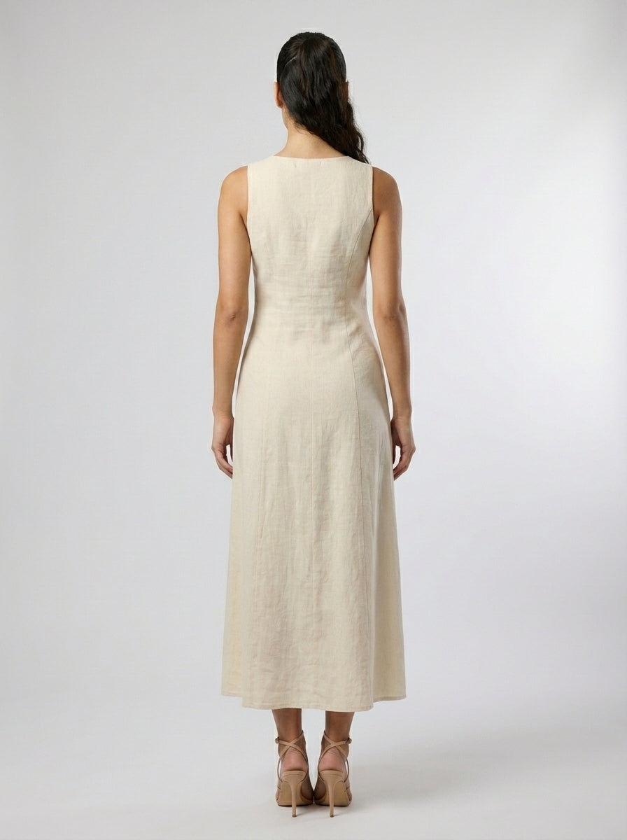 Adeline Linen V Neck Button Front Maxi Dress in Cream