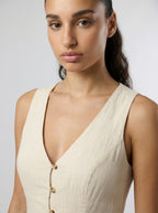 Adeline Linen V Neck Button Front Maxi Dress in Cream