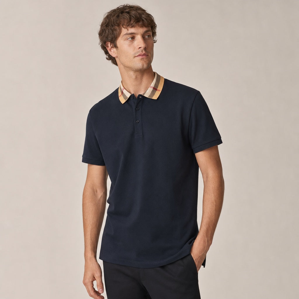 Vintage Check Polo Shirt in navy and beige