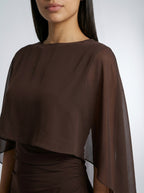 Ondine Chiffon Boat Neck Cape Sleeve Ruched Wedding Guest Maxi Dress in Brown