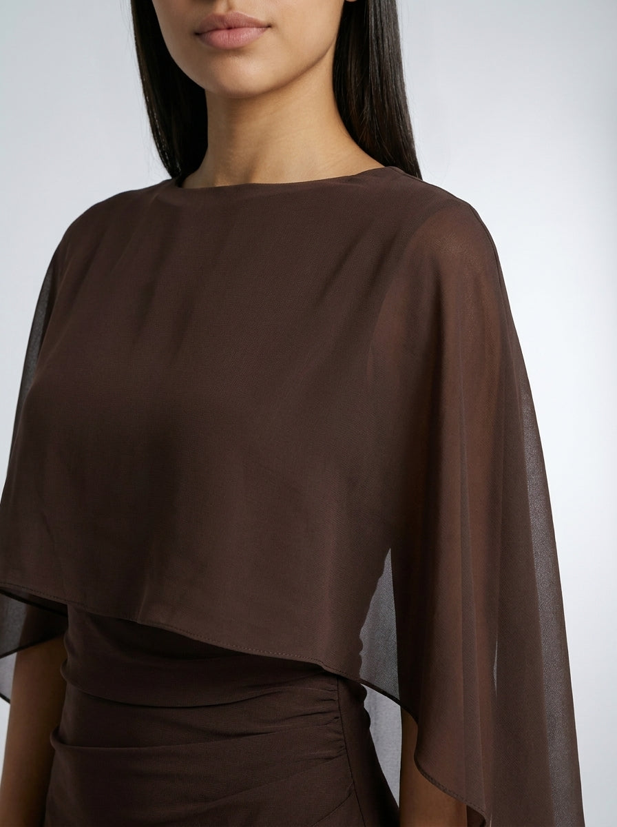 Ondine Chiffon Boat Neck Cape Sleeve Ruched Wedding Guest Maxi Dress in Brown